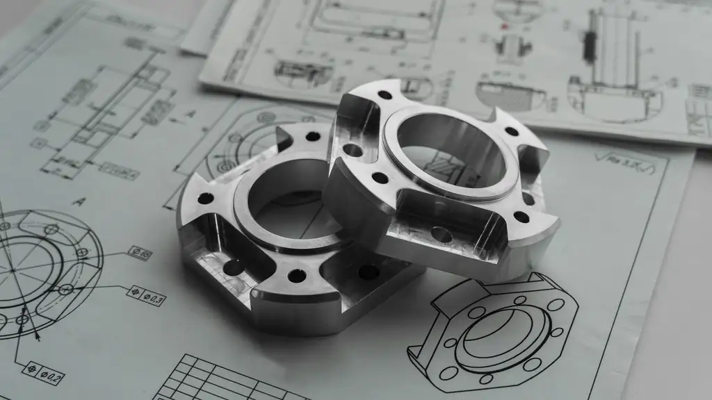 Two machined metal parts resting on engineering drawings.