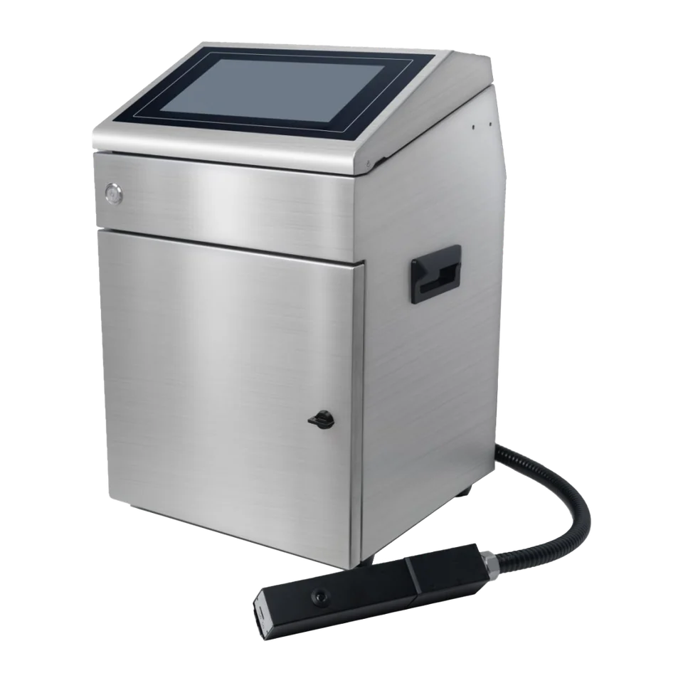 DaVinci DV-C500 continuous inkjet printer: stainless-steel cabinet with touchscreen and printhead on a flexible conduit.