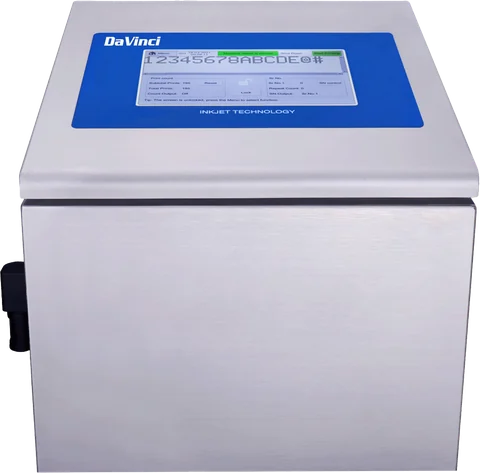DaVinci DV-L500 large-character printer: stainless-steel cabinet with a blue DaVinci touchscreen panel.